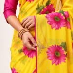 Bright Yellow Designer Floral Chiffon Saree - Image 2