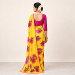 Bright Yellow Designer Floral Chiffon Saree - Image 3
