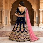 Navy Blue & Pink Heavy Embroidered Bridal Lehenga Choli with Dupatta - Image 2