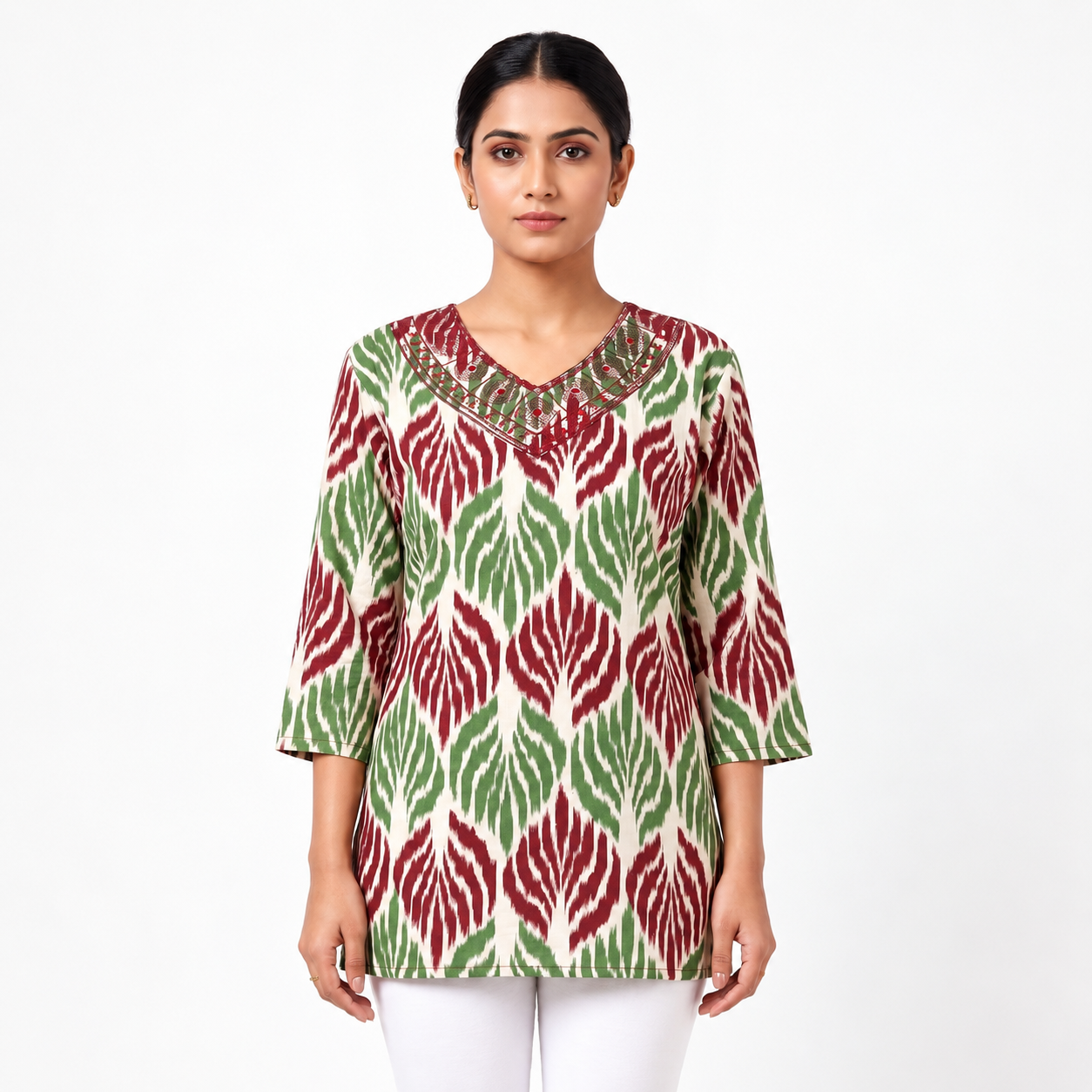 7c508e8d-a0cb-4f85-ad36-7465e67b87d8 Maroon and Green Printed V-Neck Short Kurti - Image 1