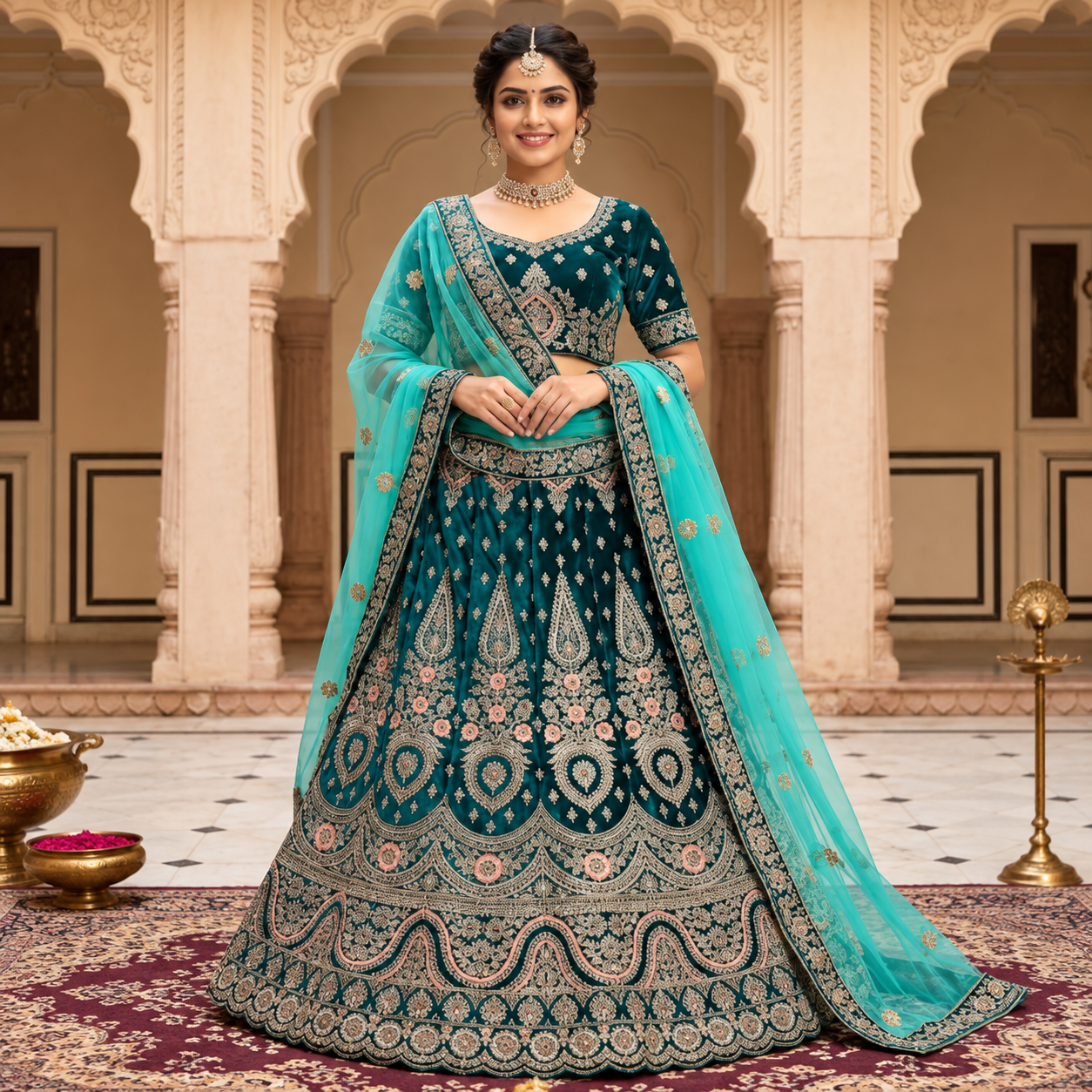 ab5a5b6c-0d82-4eca-be97-3b6a2be32f71 Teal Blue & Turquoise Heavy Embroidered Bridal Lehenga Choli with Dupatta - Image 1