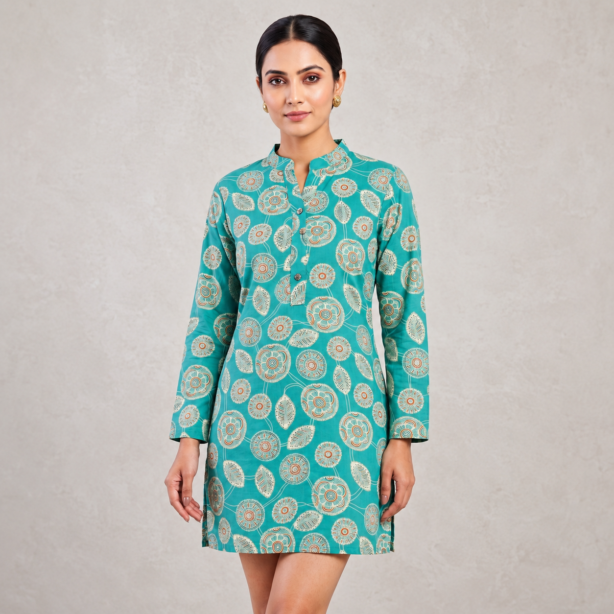 be21a2ba-2f8c-4d89-9ce5-0f69f4650205 Teal Blue Printed Short Kurti - Image 1
