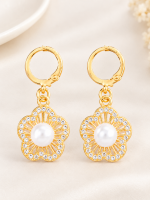 Gold Flower Pearl Drop Earrings for Women & Girls - Image 2