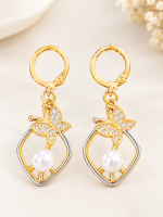 Gold Butterfly Pearl Drop Earrings - Image 2