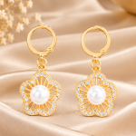 Gold Flower Pearl Drop Earrings for Women & Girls