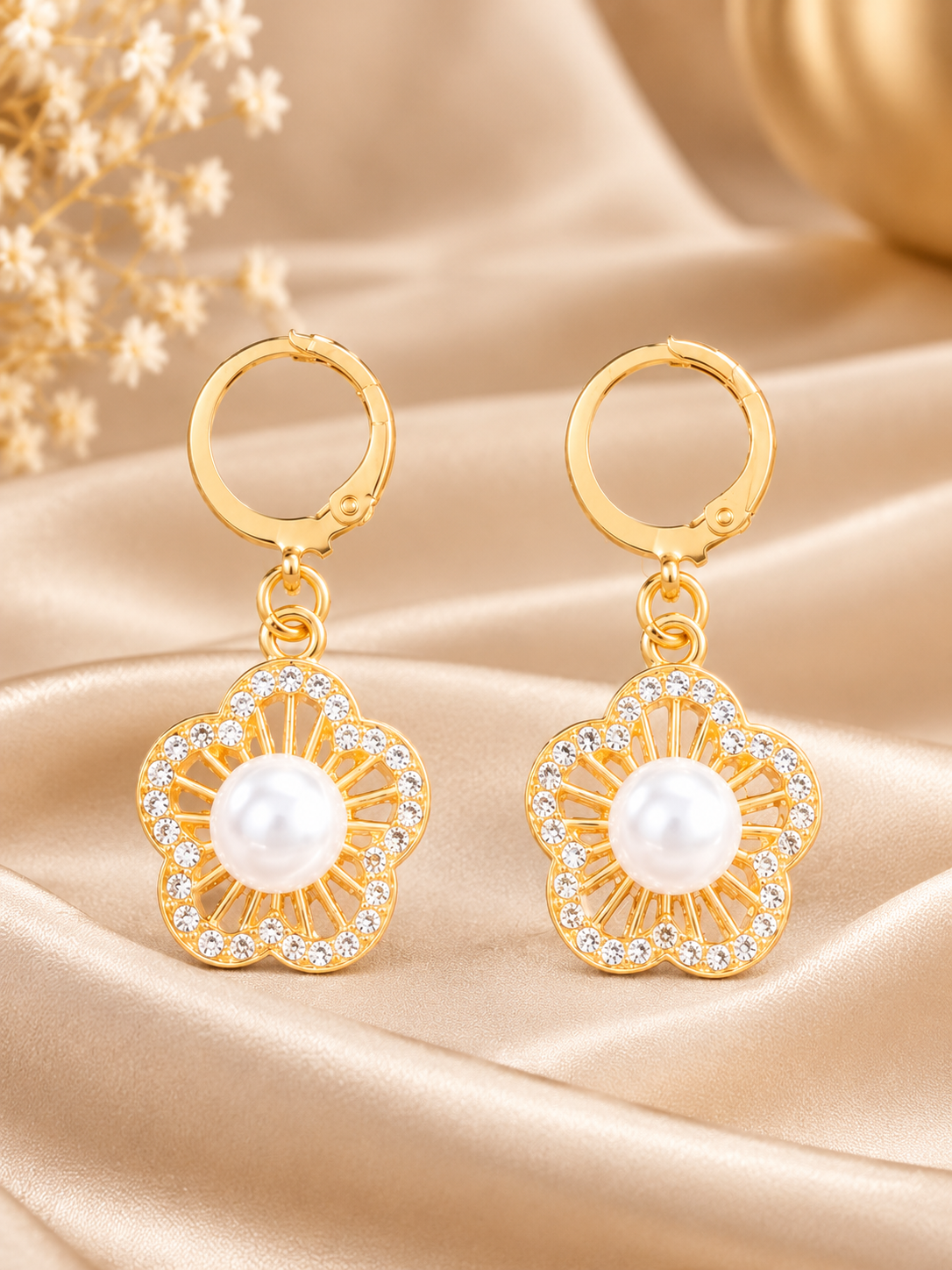 Pearl Flower Gold Earrings Gold Flower Pearl Drop Earrings for Women & Girls - Image 1