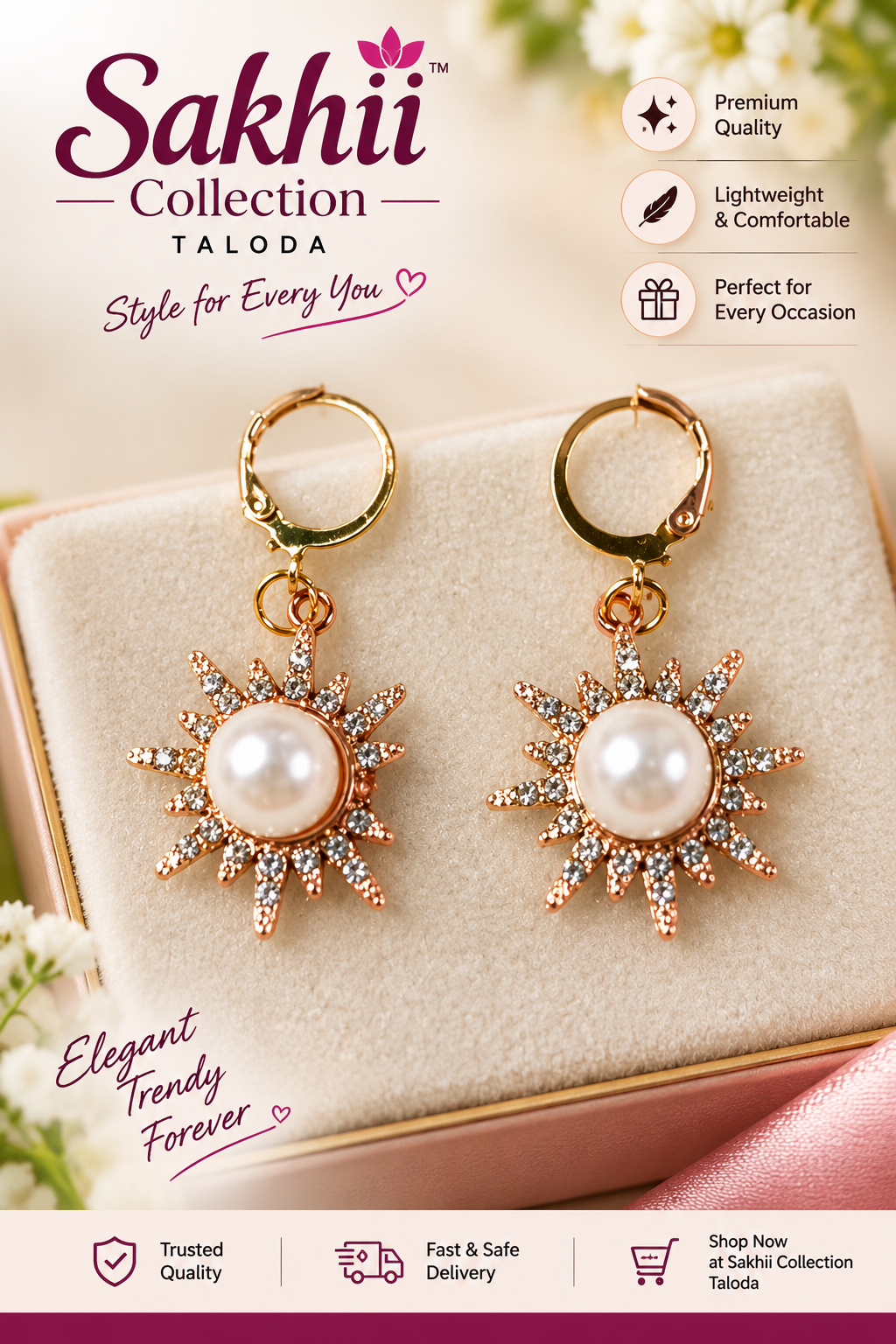Sakhii Pearl Sunburst Earring Collection Rose Gold Pearl Sunburst Drop Earrings for Women – Crystal Stone Fashion Jewellery - Image 1